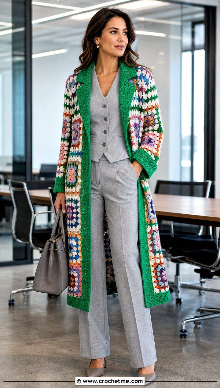 Solid Trim Granny Square Duster With Trouser Suit - 35 granny square duster outfit ideas
