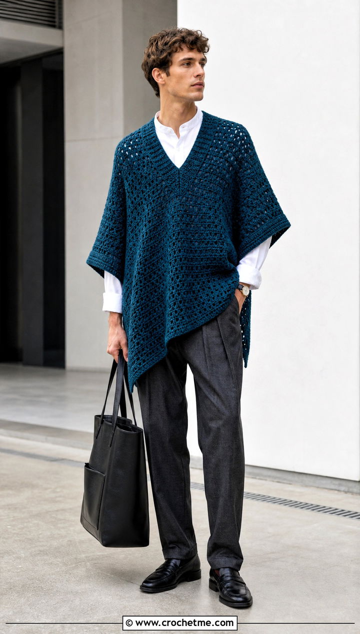 Solid V Neck Crochet Poncho With Tailored Trousers - 30 men crochet poncho outfit ideas