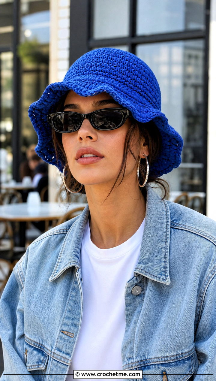 Solid Wavy Brim Crochet Bucket Hat With White Tee And Jeans - 25 ruffled crochet bucket hat outfit ideas