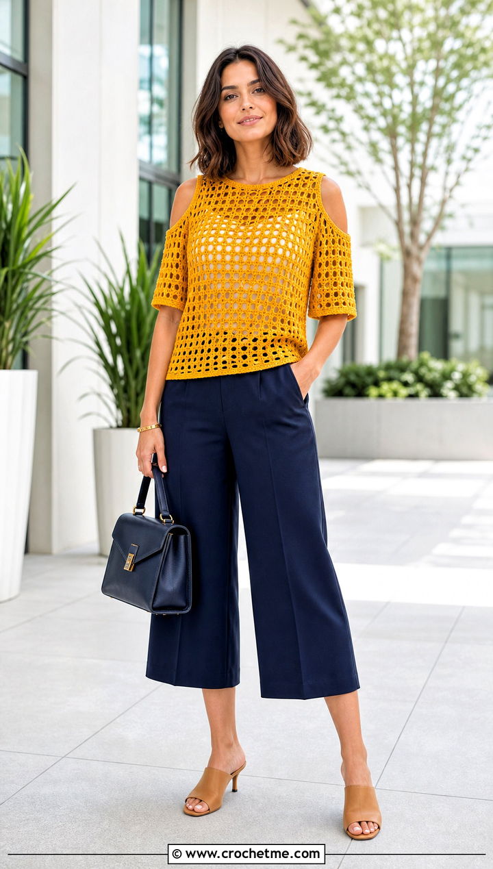 Solomon Knot Crochet Cold Shoulder Top With Culottes - 35 solomon knot crochet top outfit ideas