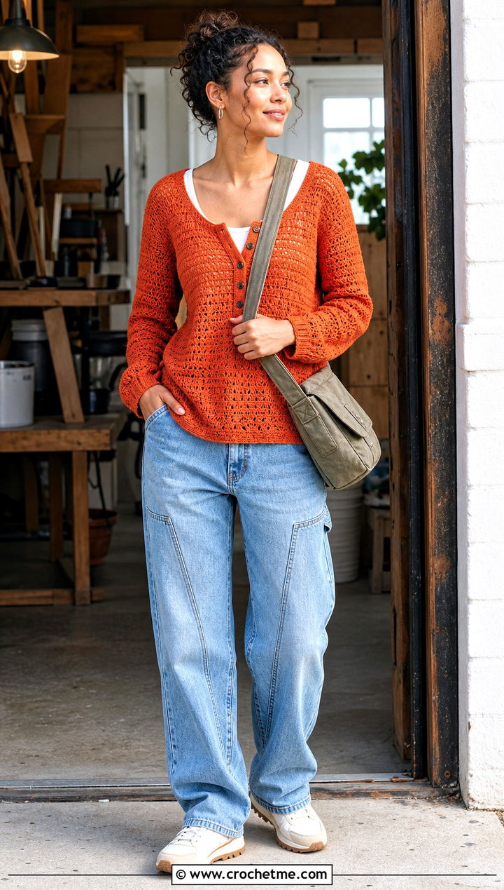 Solomon Knot Crochet Henley Top With Carpenter Jeans - 35 solomon knot crochet top outfit ideas