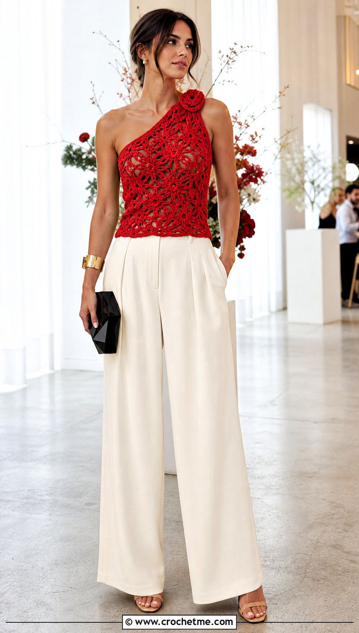 Solomon Knot Crochet One Shoulder Top With Palazzo Pants - 35 solomon knot crochet top outfit ideas
