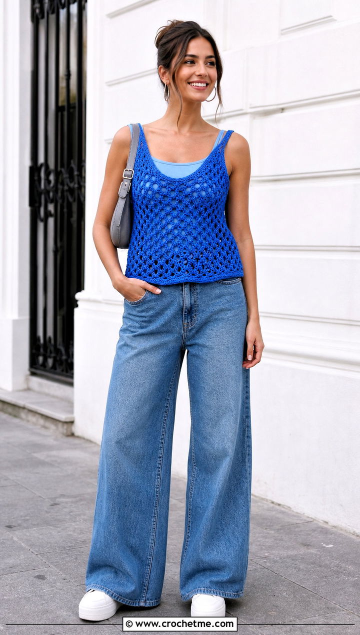 Solomon Knot Crochet Tank Top With Wide Leg Jeans - 35 solomon knot crochet top outfit ideas