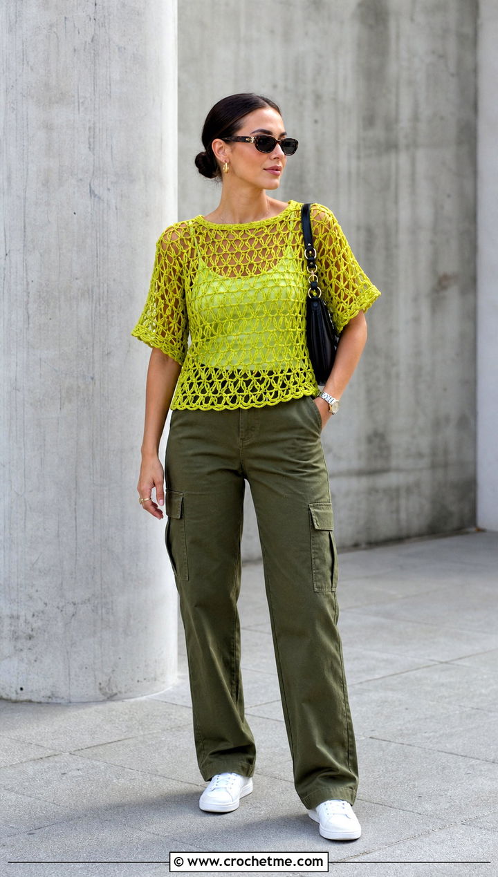 Solomon Knot Crochet Top With Cargo Pants - 35 lacy crochet top outfit ideas
