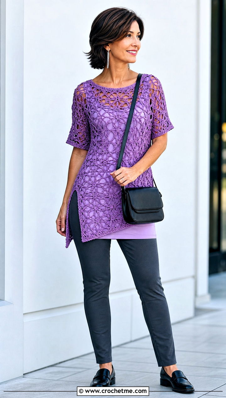 Solomon Knot Crochet Tunic Top With Slim Pants - 35 solomon knot crochet top outfit ideas