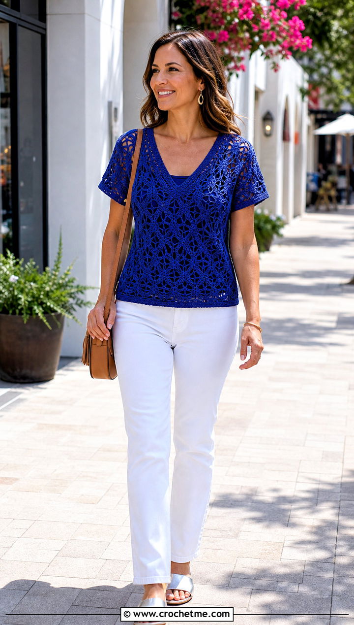 Solomon Knot Crochet V Neck Top With White Jeans - 35 solomon knot crochet top outfit ideas