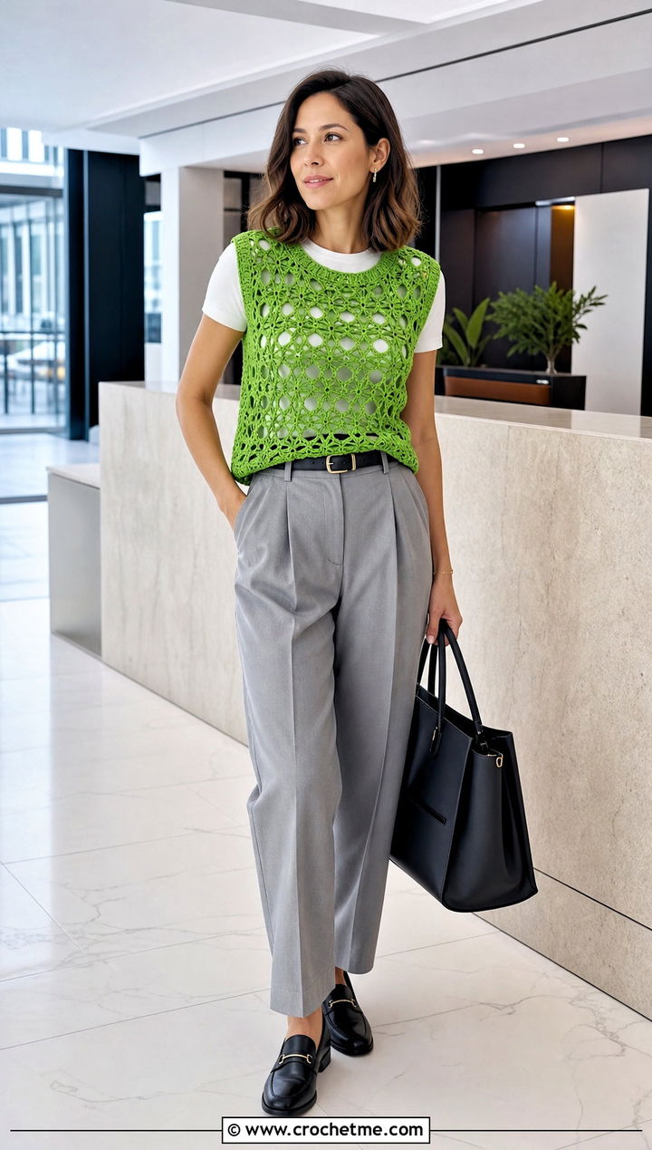 Solomon Knot Crochet Vest Top With Tailored Trousers - 35 solomon knot crochet top outfit ideas