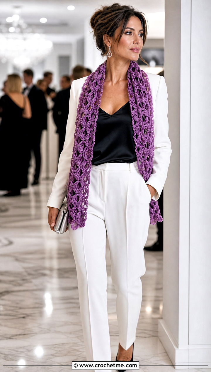 Solomons Knot Crochet Scarf With Evening Suit - 20 Elegant Crochet Scarf outfit ideas