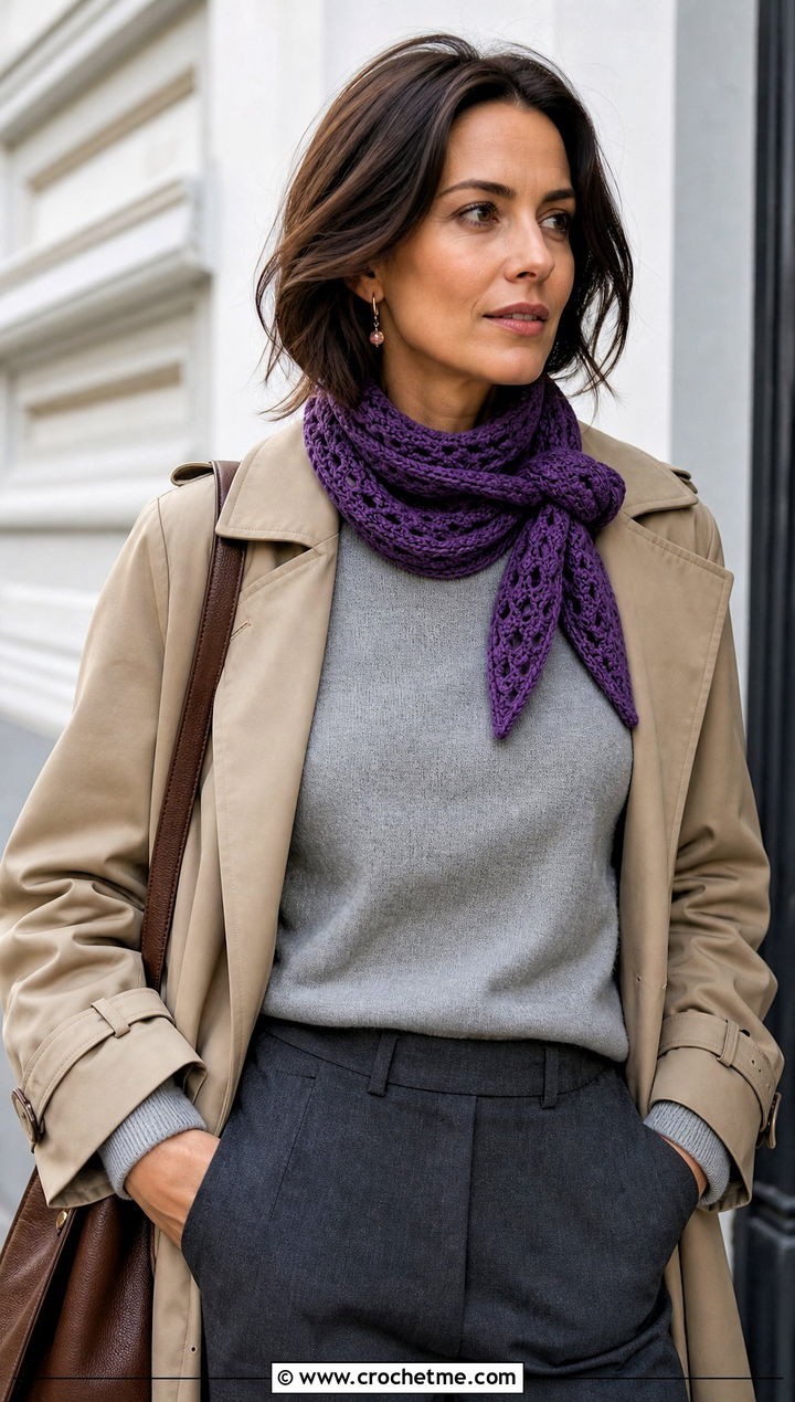 Sophie Crochet Scarf With Trench Coat And Trousers - 15 Small Neck Crochet Scarf outfit ideas