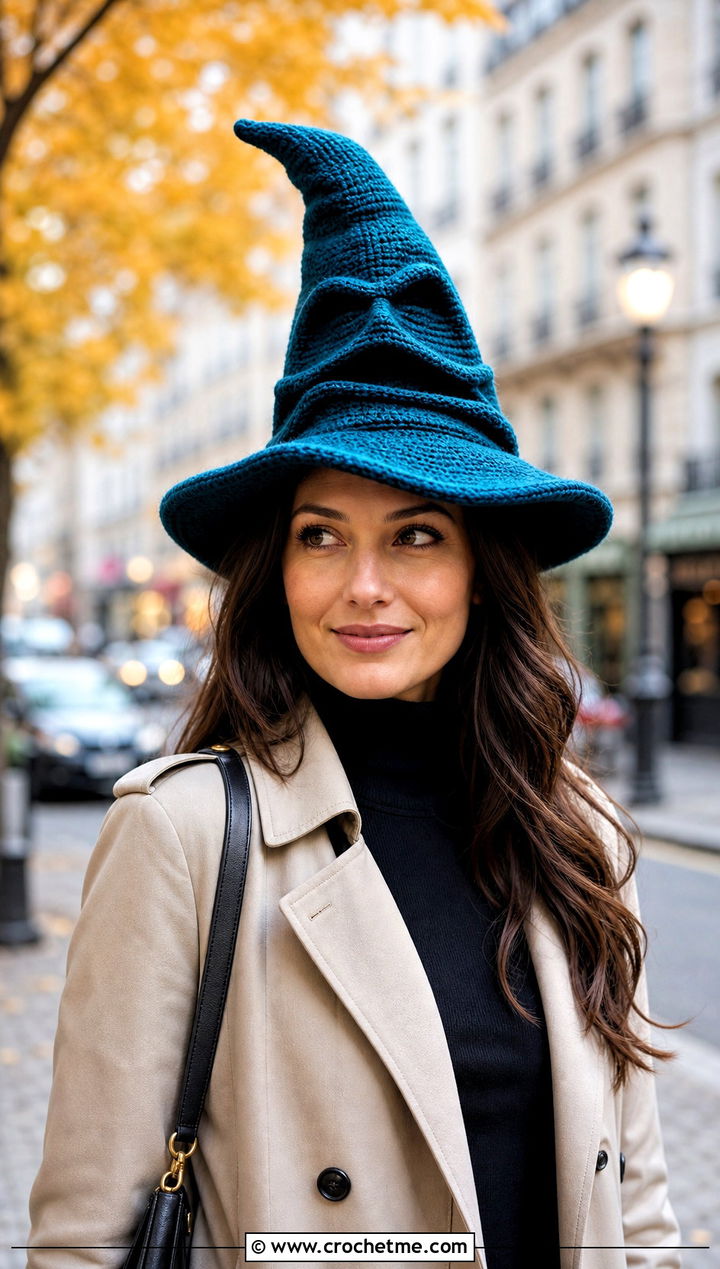 Sorting Hat Crochet Pointed Hat With Trench Coat - 15 harry potter crochet hat outfit ideas