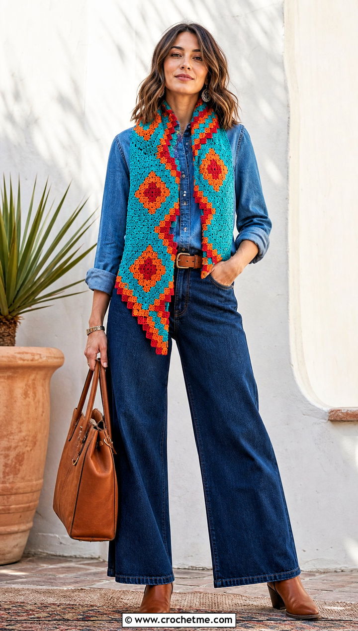 Southwestern Tapestry Crochet Scarf With Double Denim - 35 tapestry crochet scarf outfit ideas
