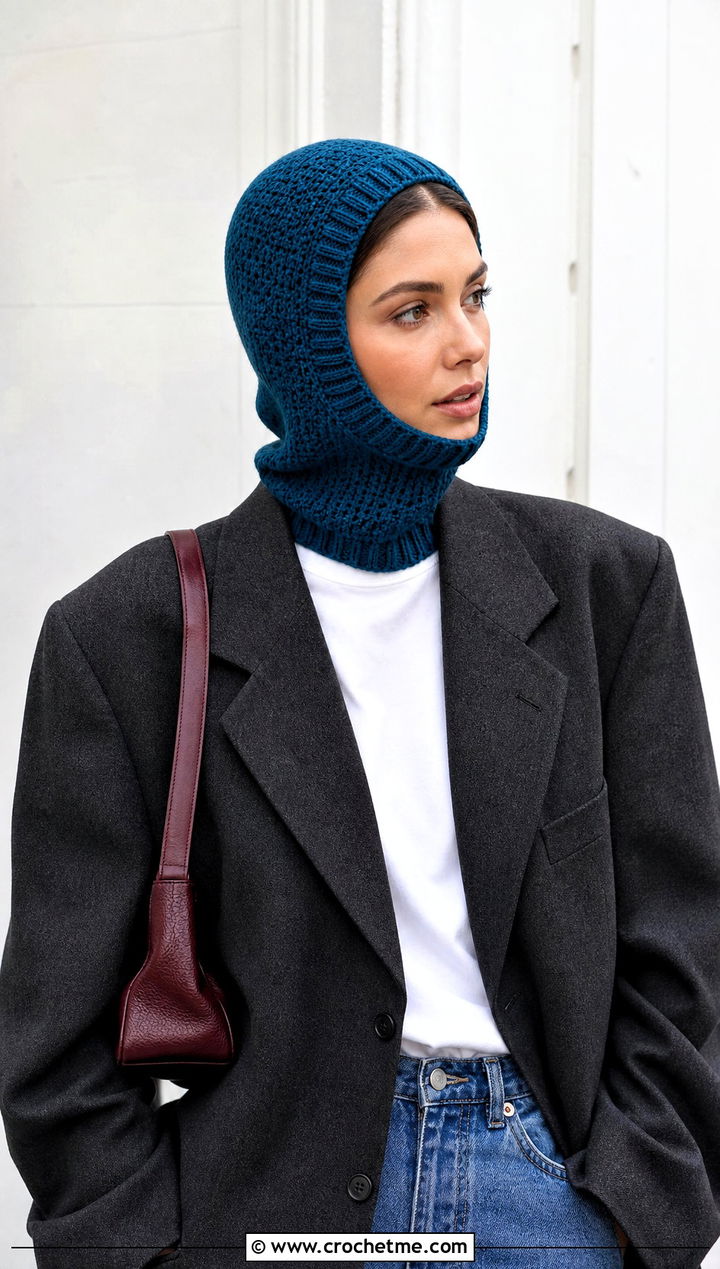 Space Cadet Crochet Balaclava With Oversized Blazer And Jeans - 15 Crochet Astronaut Hat outfit ideas