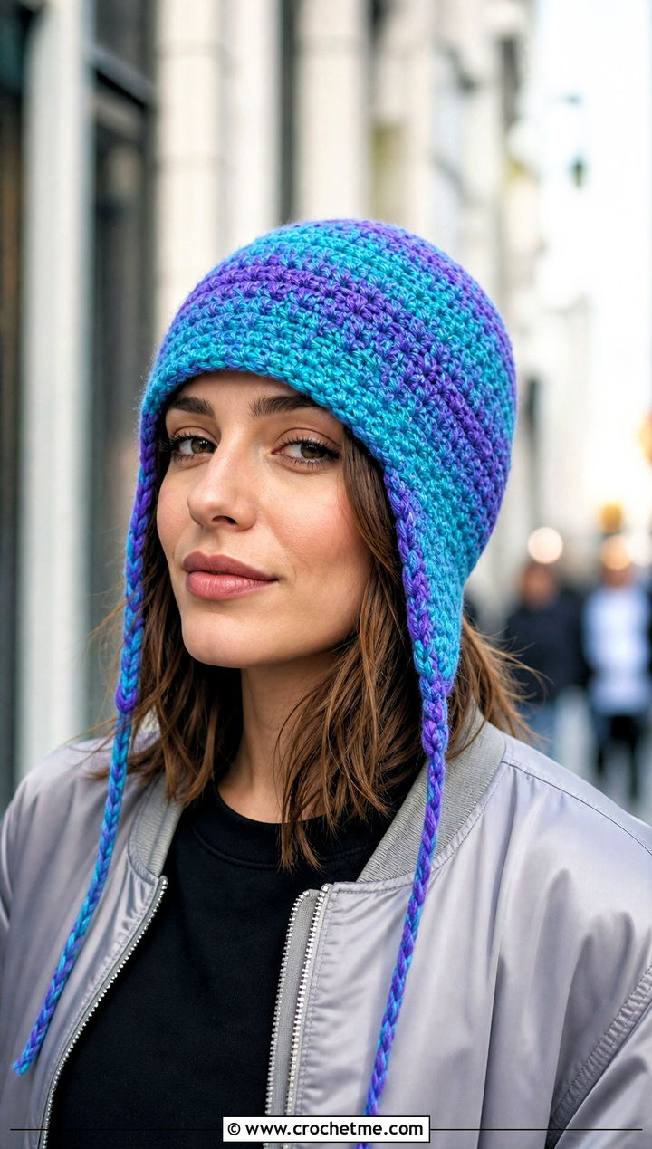 Space Dye Ear Flap Beanie With Bomber Jacket - 30 crochet ear flap beanie outfit ideas