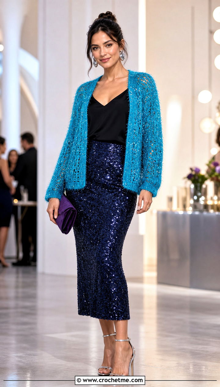 Sparkle Crochet Chenille Cardigan With Sequin Skirt - 30 crochet chenille cardigan outfit ideas