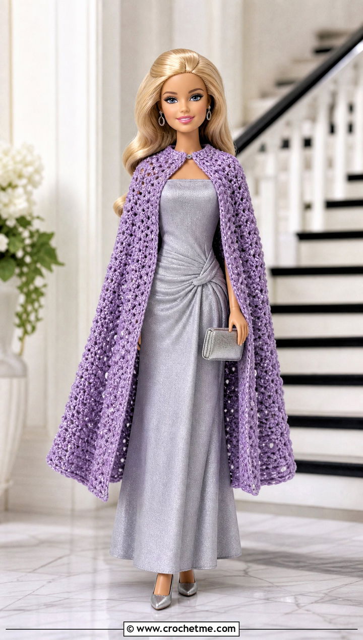 Sparkle Crochet Doll Cape With Evening Gown - 25 Crochet Doll Cape outfit ideas