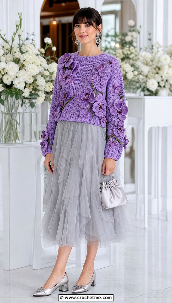 Speak Now Floral Crochet Sweater With Tulle Midi Skirt - 25 taylor swift crochet sweater outfit ideas
