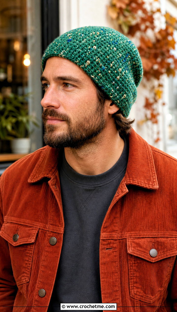 Speckled Crochet Beanie With Corduroy Jacket - 30 crochet man beanie outfit ideas
