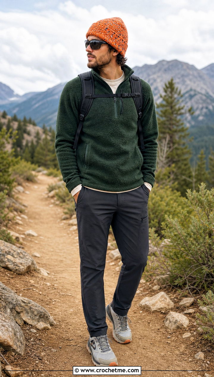 Speckled Crochet Beanie With Fleece Jacket - 35 mens crochet beanie outfit ideas