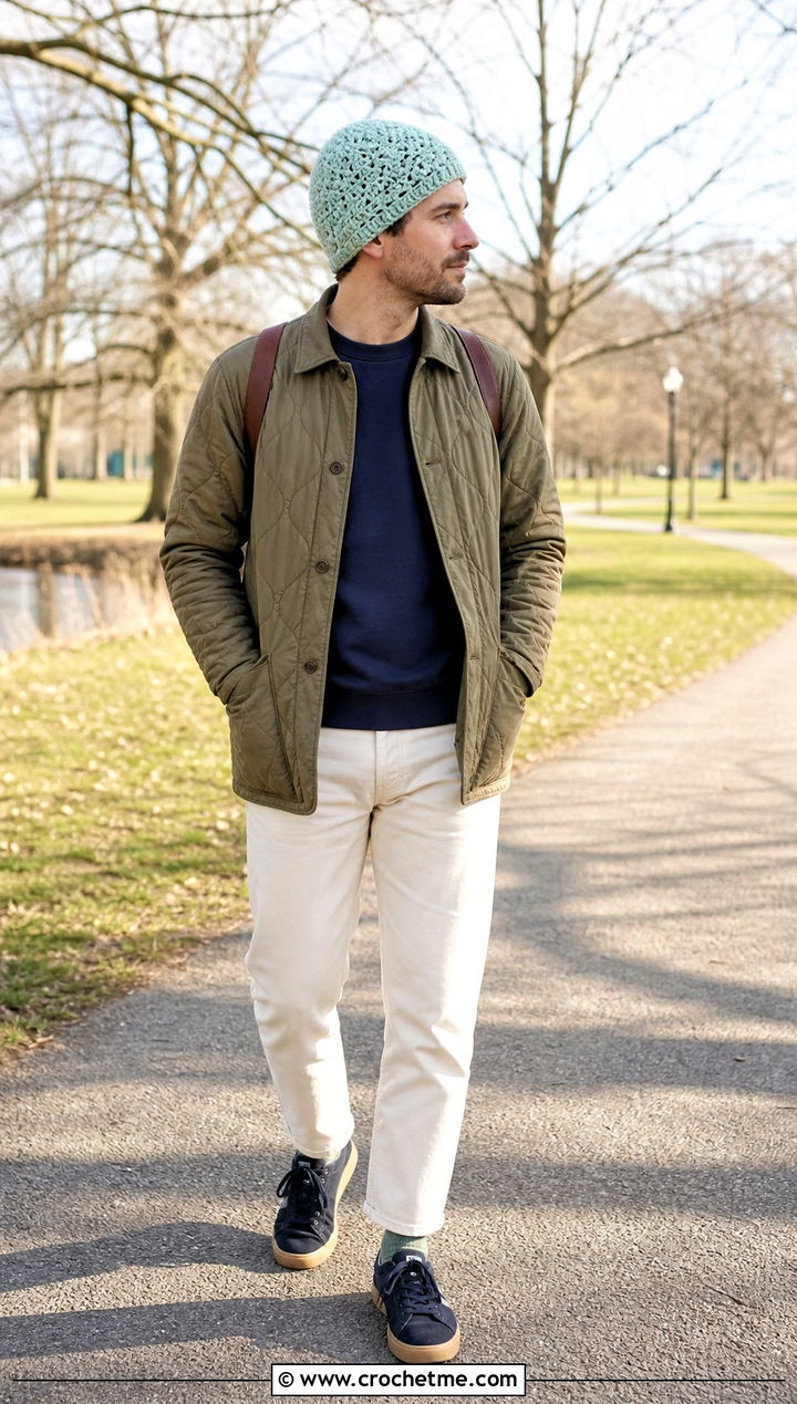Speckled Crochet Beanie With Quilted Jacket - 35 Men Crochet Beanie outfit ideas