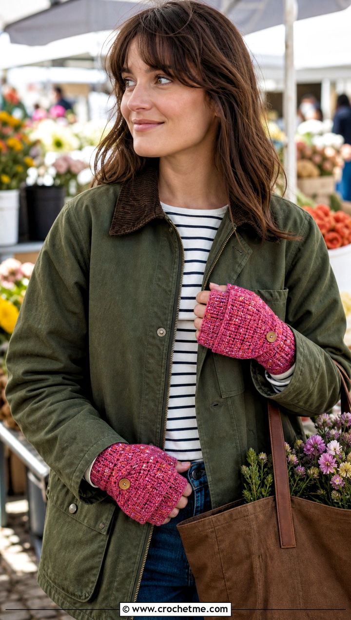 Speckled Crochet Fingerless Gloves With Flap And Barn Jacket - 30 crochet fingerless gloves with flap outfit ideas