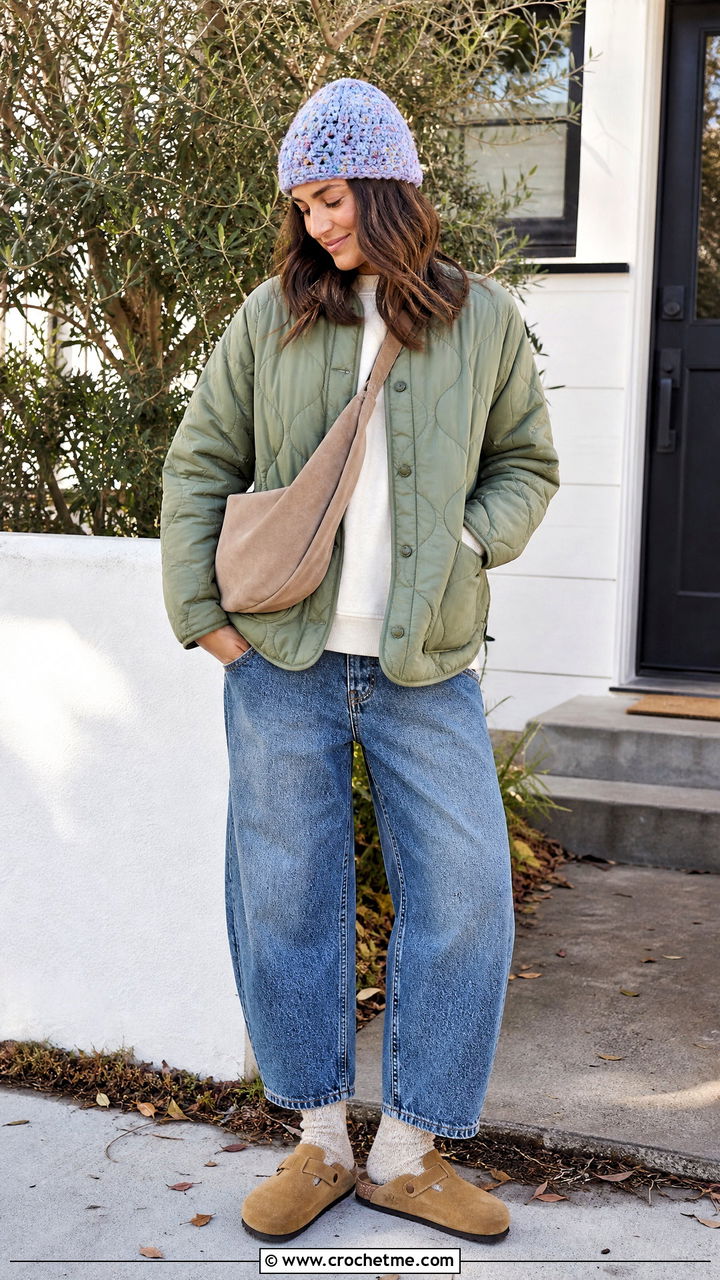Speckled Crochet Fisherman Beanie With Quilted Jacket - 35 crochet fisherman beanie outfit ideas