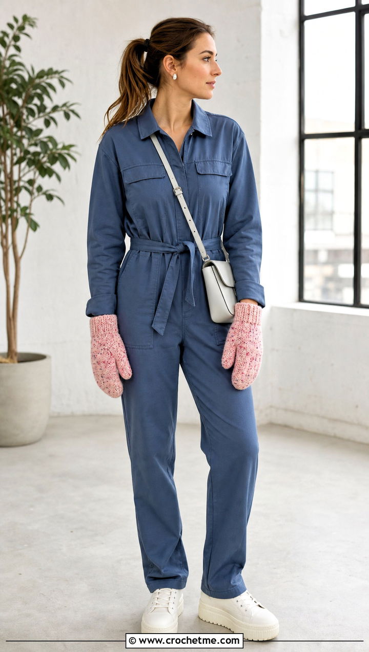 Speckled Crochet Mittens With Utility Jumpsuit - 35 easy crochet mittens for beginners outfit ideas