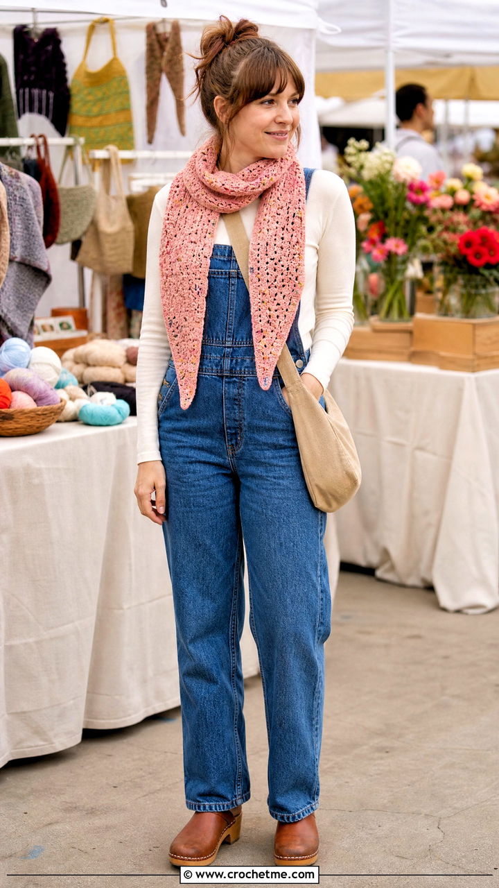 Speckled Crochet Sophie Scarf With Overalls And Clogs - 35 crochet sophie scarf outfit ideas