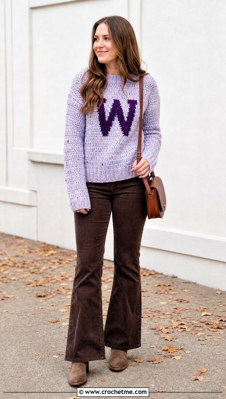 Speckled Crochet Weasley Sweater With Corduroy Pants - 35 crochet weasley sweater outfit ideas