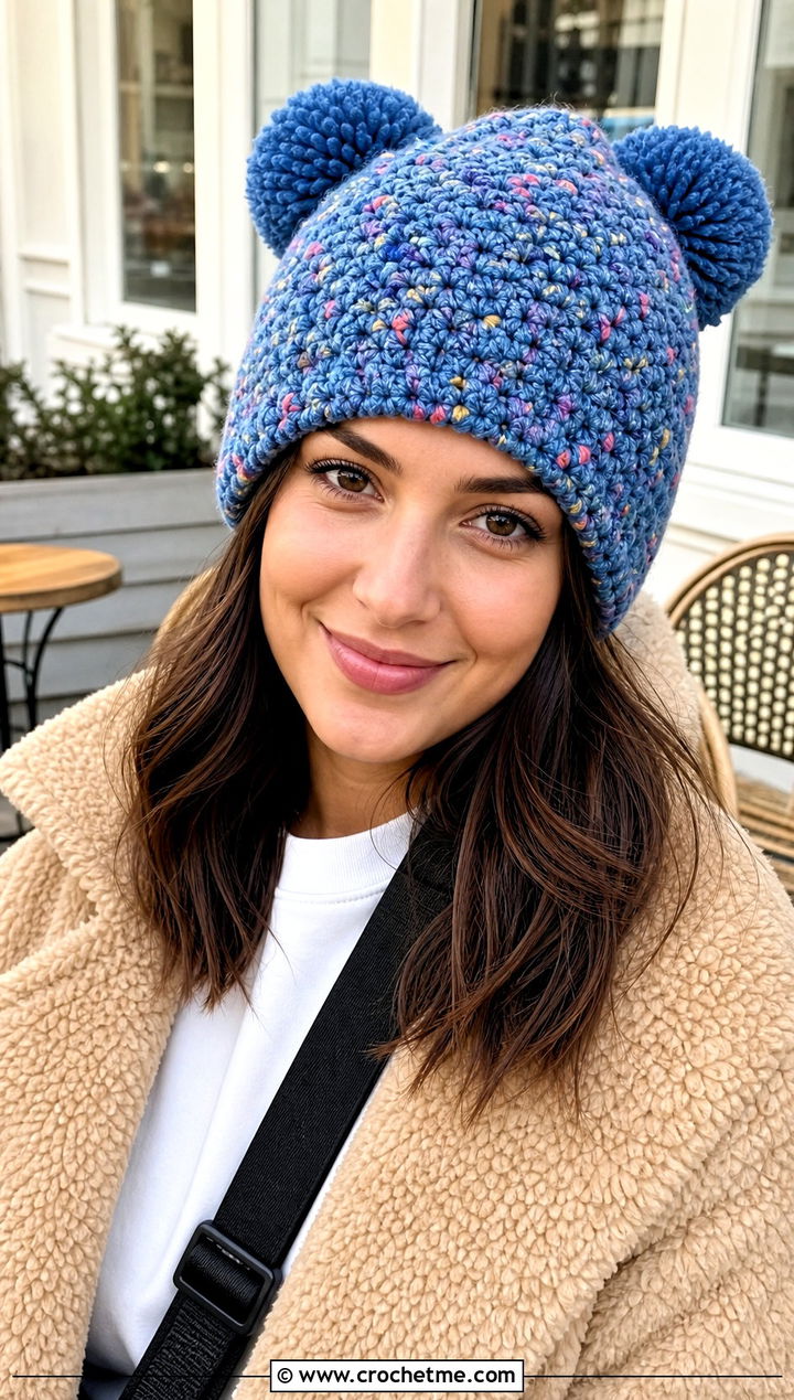 Speckled Double Pompom Crochet Hat With Teddy Coat - 25 Double Pompom Crochet Hat outfit ideas