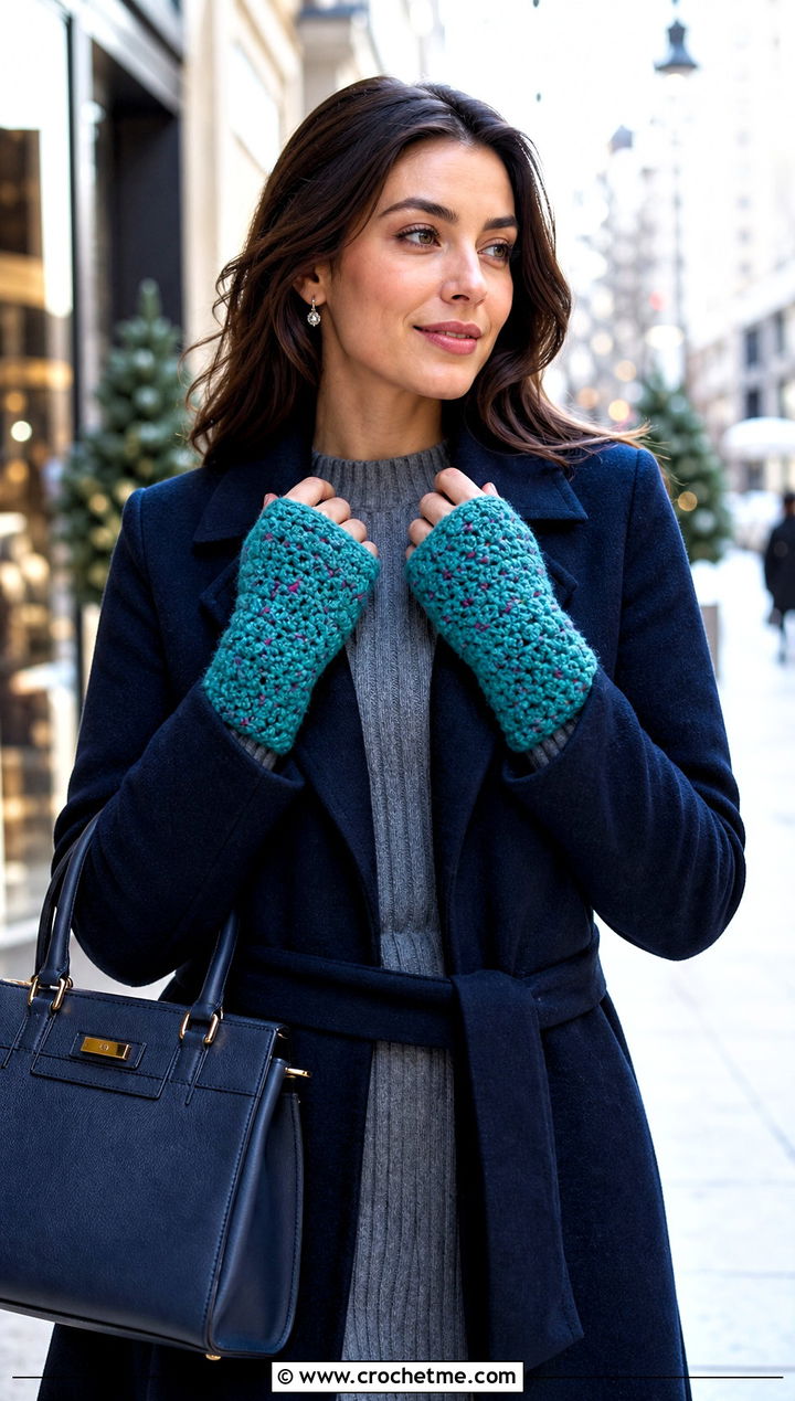 Speckled Moss Stitch Fingerless Gloves With Sweater Dress - 15 Crochet Moss Stitch Fingerless Gloves outfit ideas