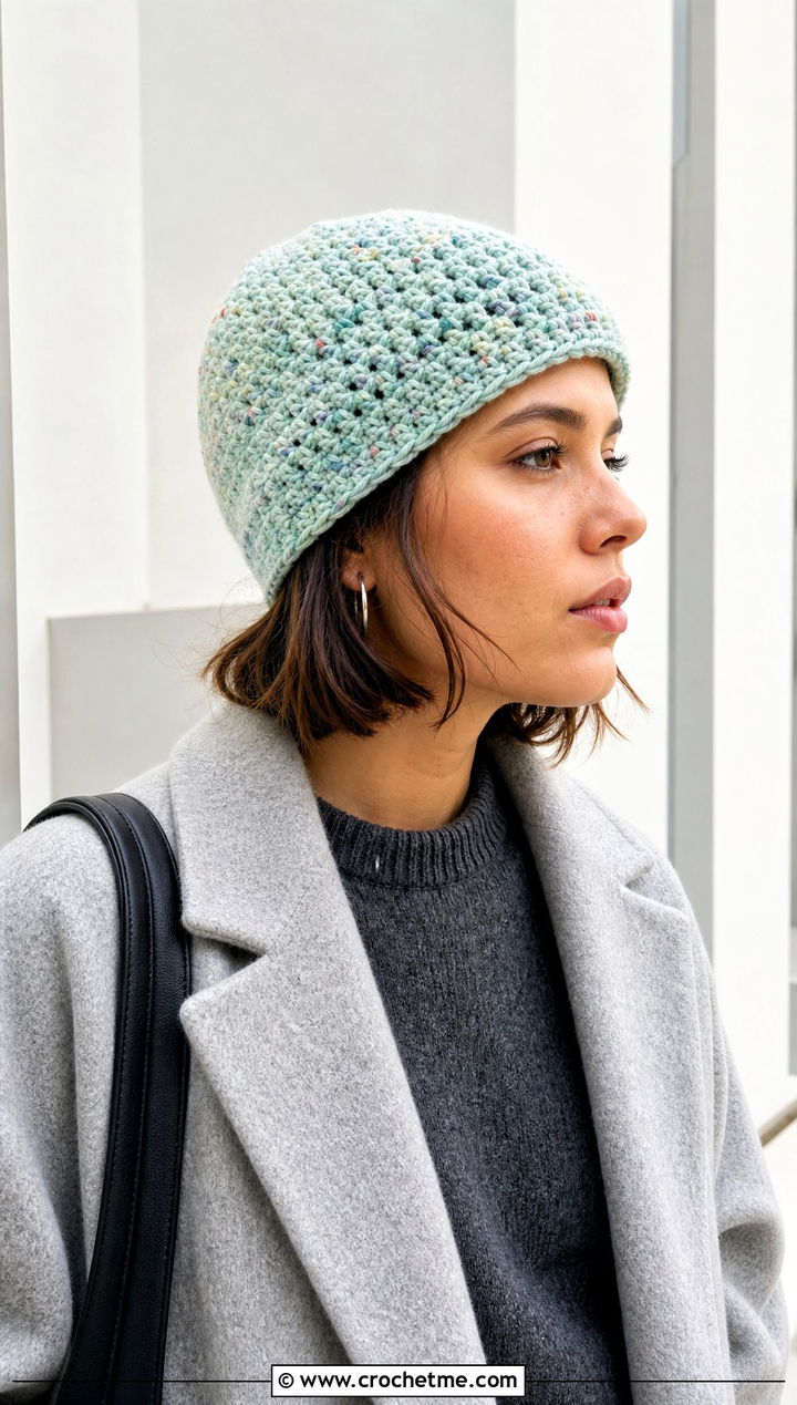 Speckled Scrap Yarn Crochet Beanie With Minimalist Outfit - 30 scrap yarn crochet beanie outfit ideas