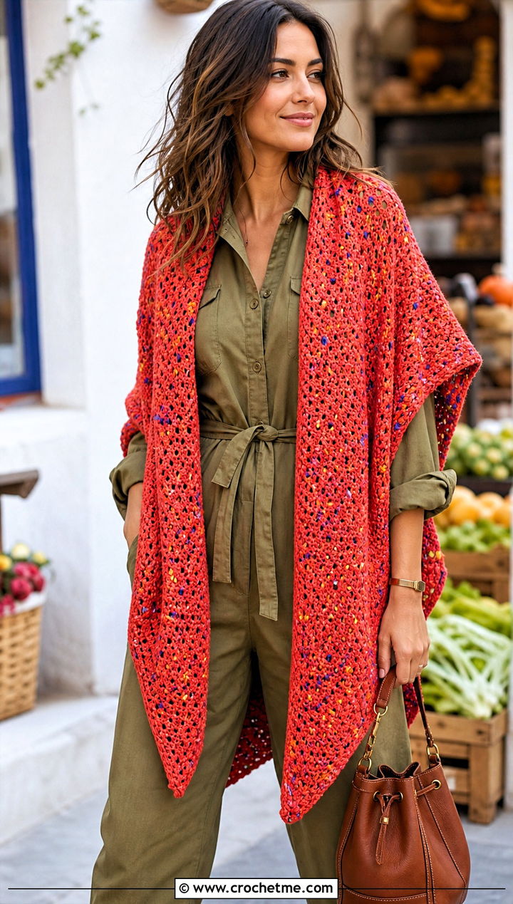 Speckled Virus Shawl With Utility Jumpsuit - 35 crochet virus shawl outfit ideas