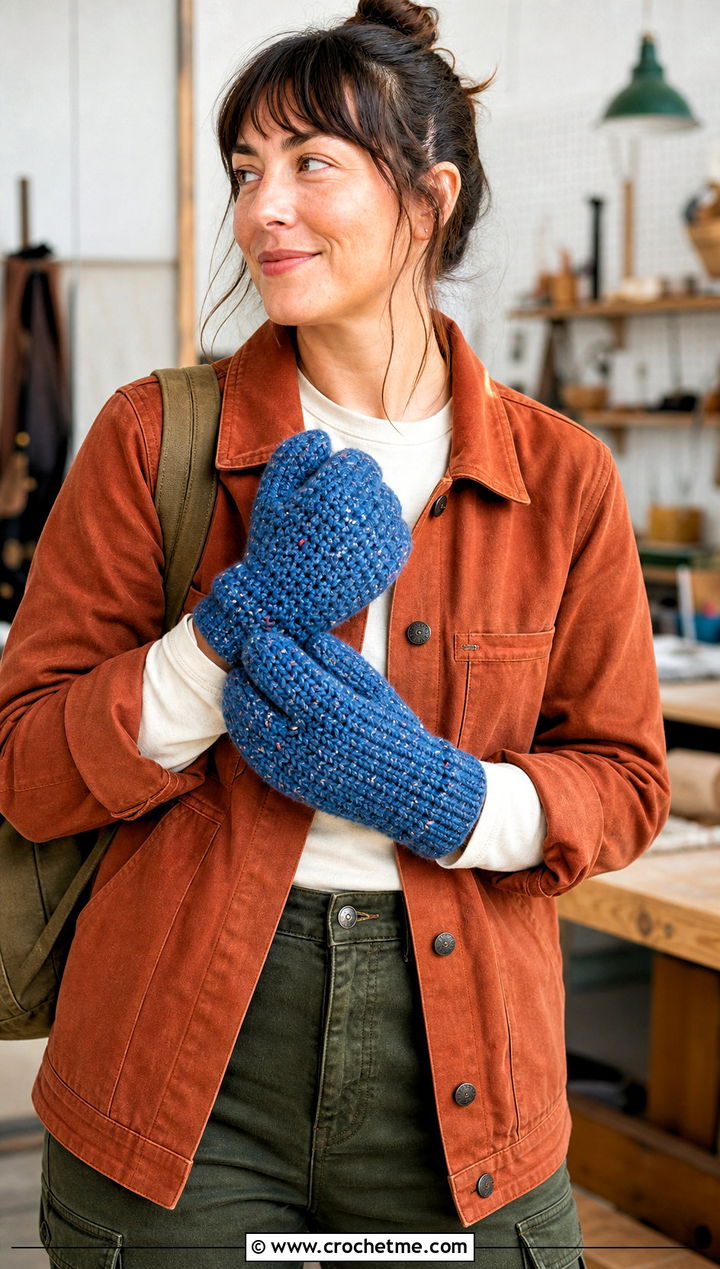 Speckled Wool Tabi Crochet Mittens With Shacket And Workwear Pants - 25 Tabi Crochet Mittens outfit ideas
