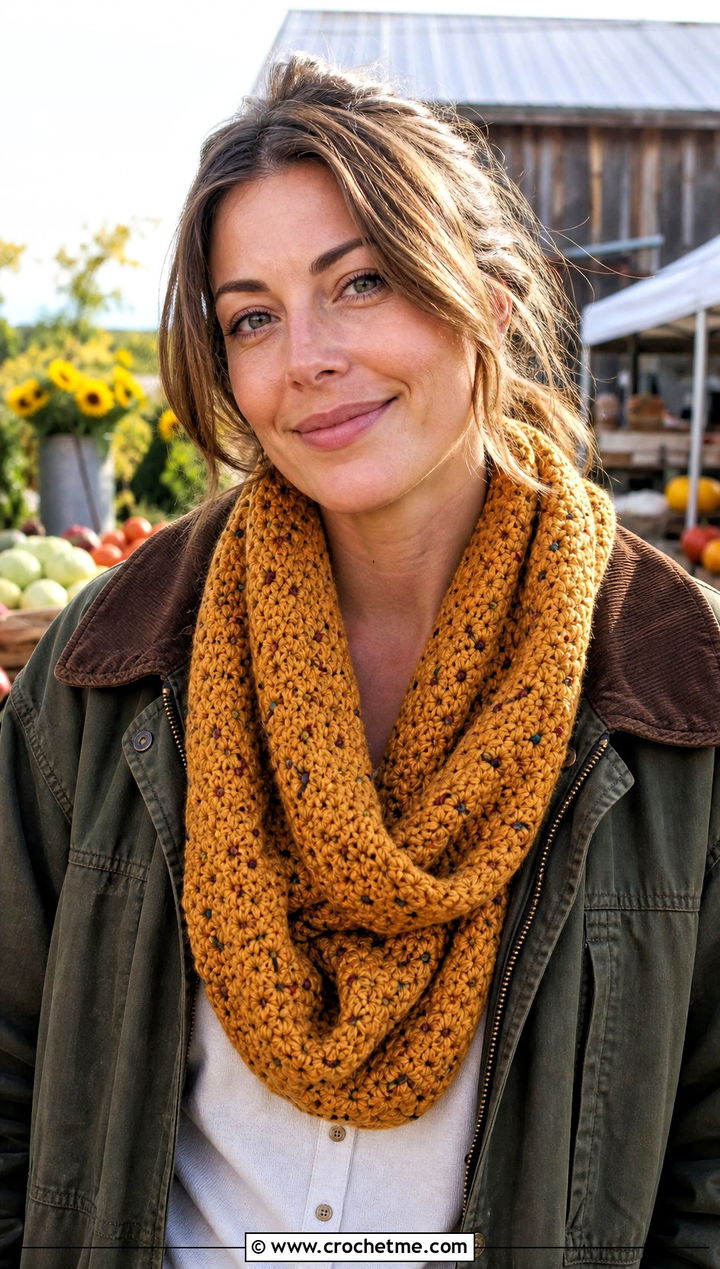 Speckled Yarn Chain Link Scarf With Barn Jacket - 25 Crochet Chain Link Scarf outfit ideas