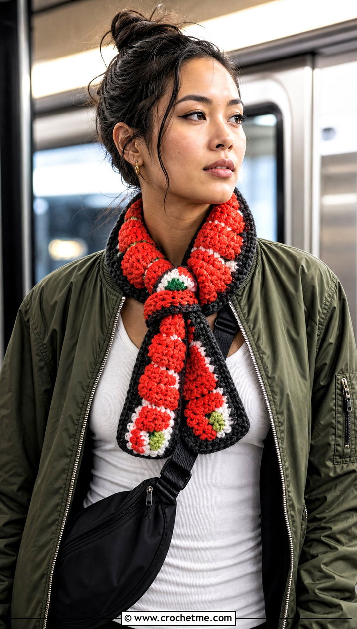 Spicy Tuna Crochet Sushi Scarf With Bomber Jacket - 30 crochet sushi scarf outfit ideas
