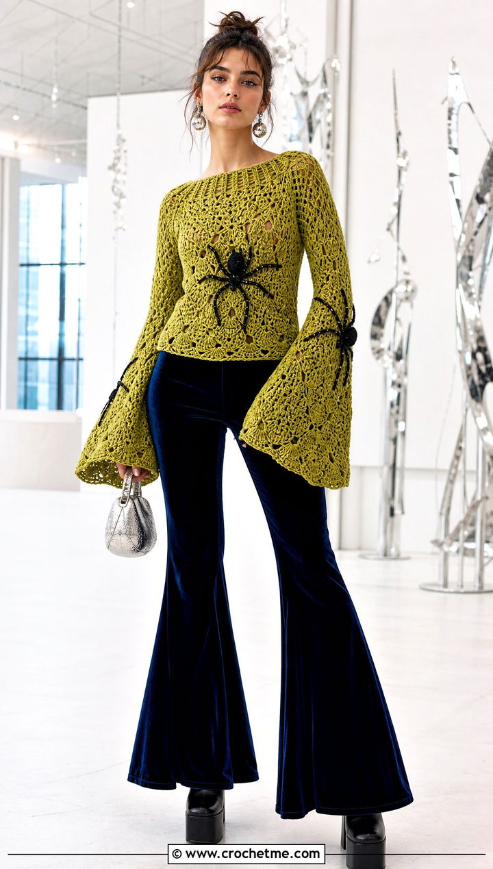 Spider Applique Bell Sleeve Crochet Sweater With Velvet Flares - 15 Spooky Crochet Sweater outfit ideas