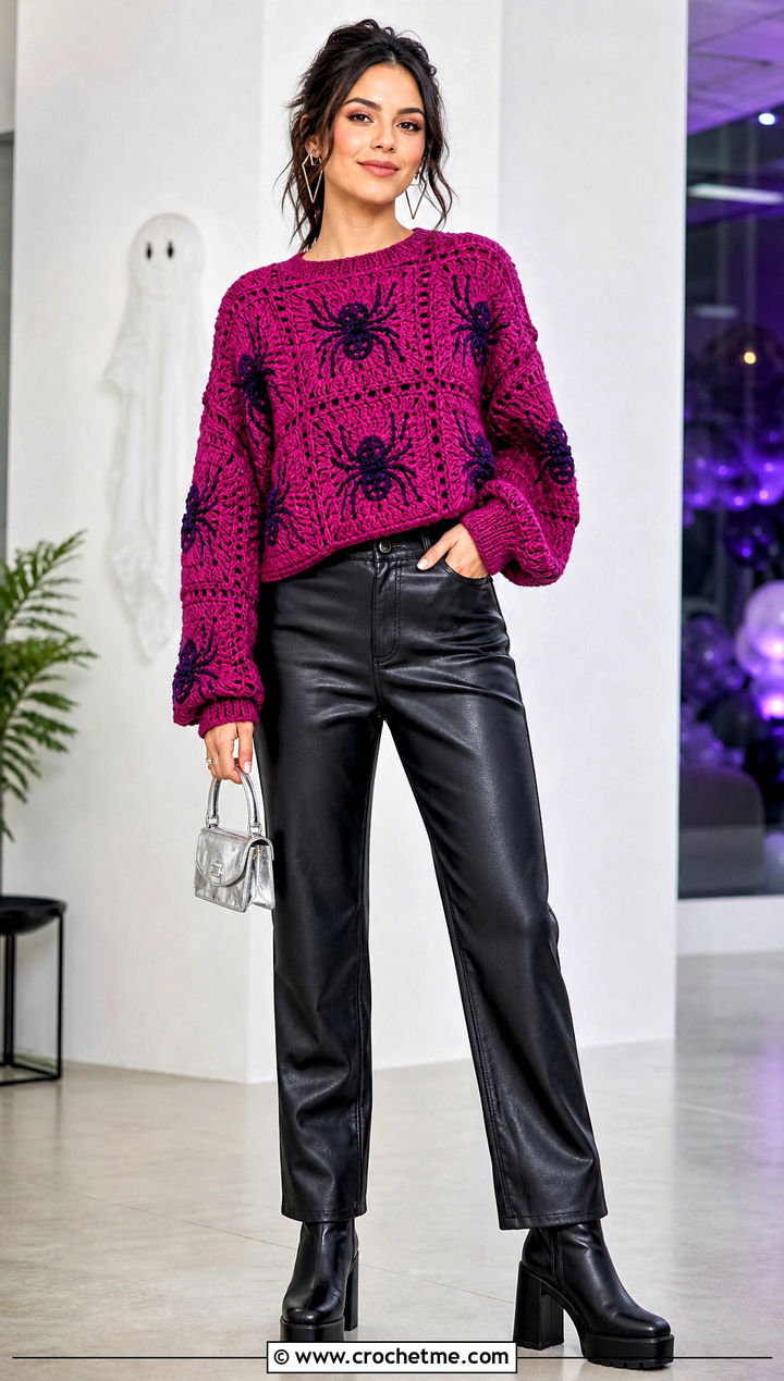 Spider Granny Square Halloween Sweater With Faux Leather Pants - 15 Crochet Granny Square Halloween Sweater outfit ideas