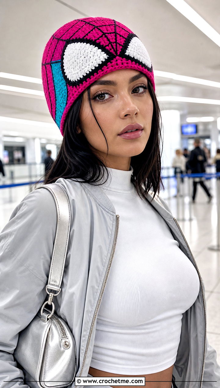 Spider Gwen Crochet Beanie With Bomber Jacket - 15 Crocheted Spider Man Hat outfit ideas