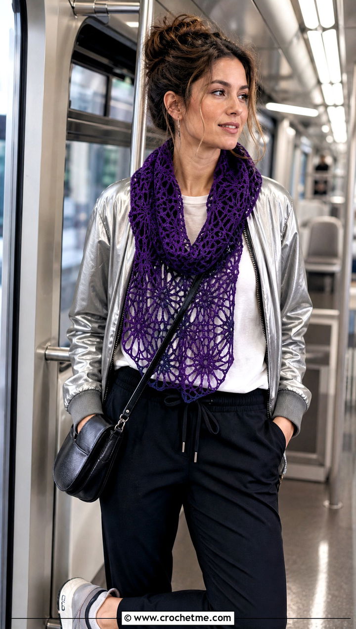 Spider Lace Crochet Scarf With Bomber Jacket And Joggers - 30 easy crochet lace scarf outfit ideas