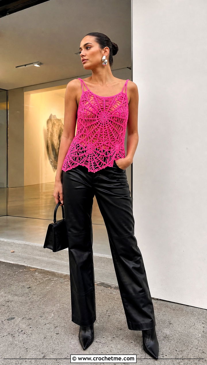 Spider Lace Crochet Tank Top With Leather Pants - 30 crochet lace tank top outfit ideas