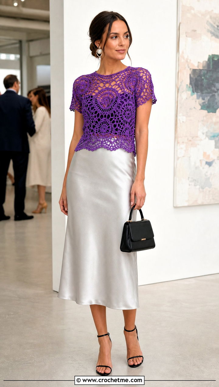Spider Lace Crochet Top With Satin Midi Skirt - 20 crochet lace summer top outfit ideas