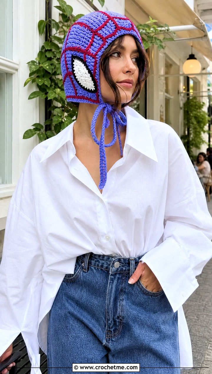 Spider Man Crochet Bonnet With Wide Leg Jeans - 25 spiderman crochet hat outfit ideas