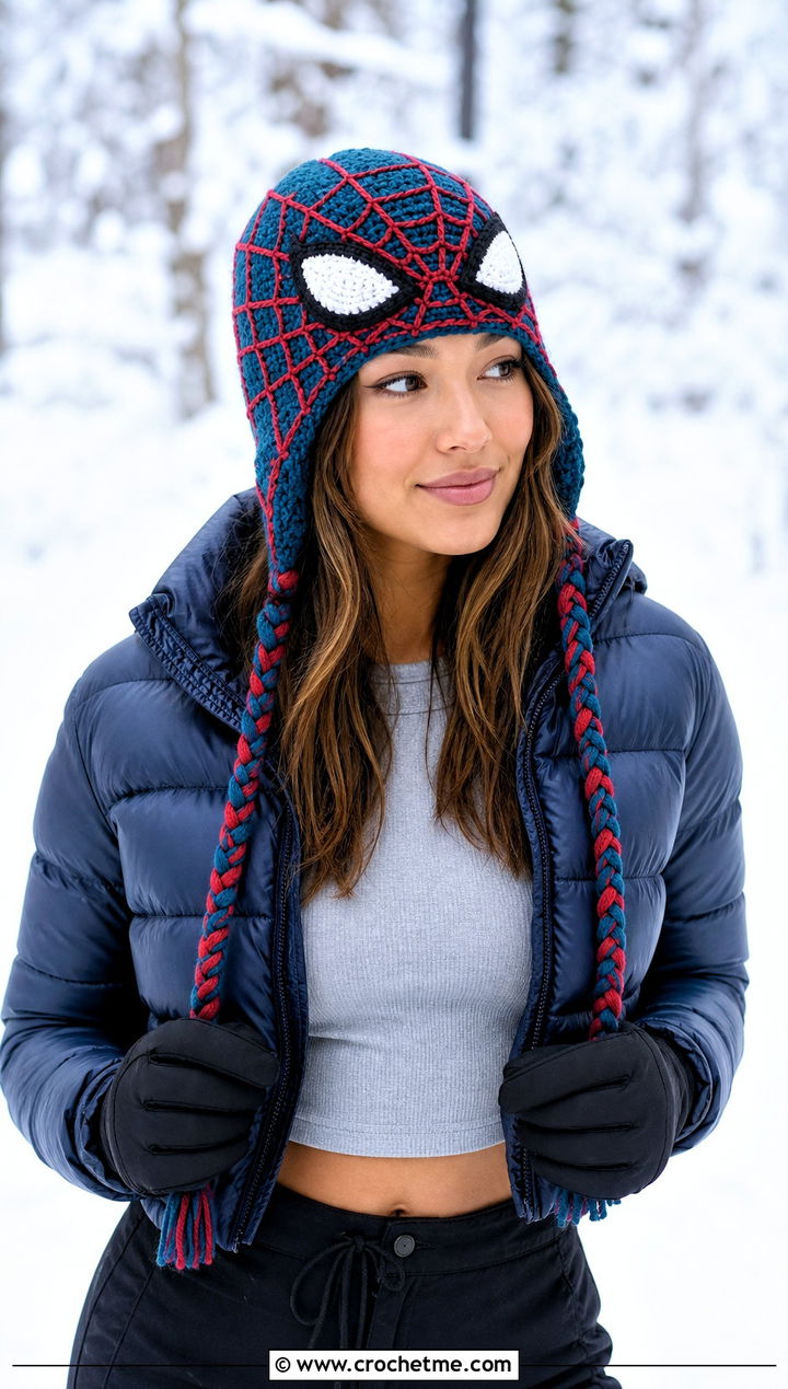 Spider Man Earflap Crochet Hat With Puffer Coat - 25 spiderman crochet hat outfit ideas