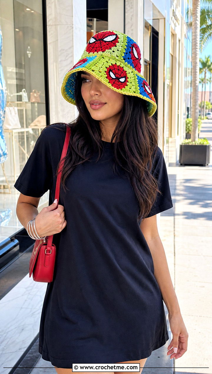 Spider Man Granny Square Crochet Bucket Hat With Black Dress - 25 spiderman crochet hat outfit ideas