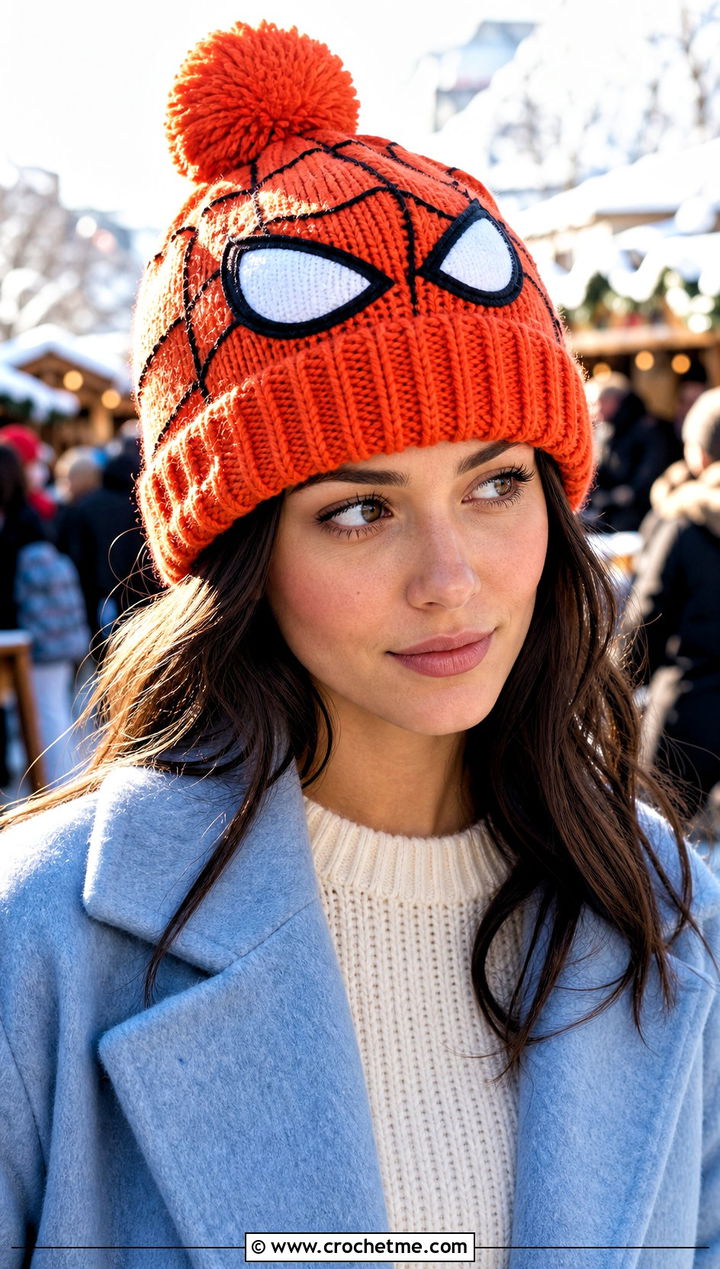Spider Man Pom Pom Hat With Wool Coat - 15 Crocheted Spider Man Hat outfit ideas
