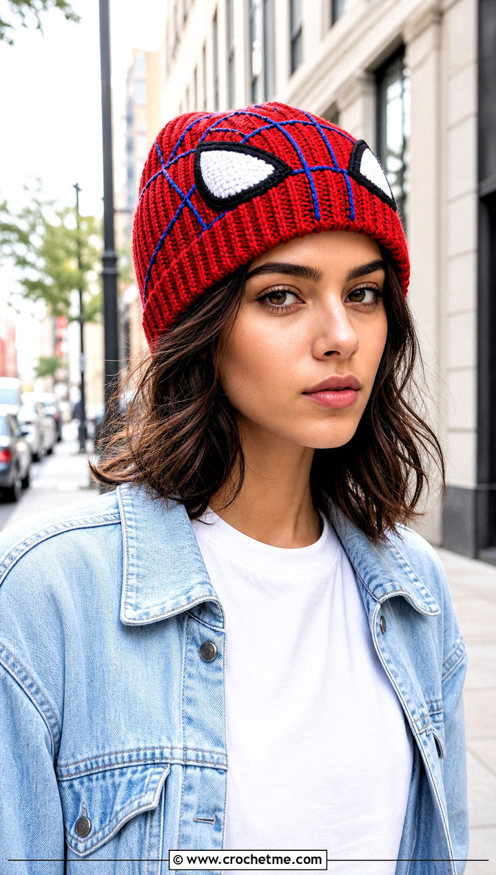 Spider Man Ribbed Crochet Beanie With Denim Jacket - 25 spiderman crochet hat outfit ideas