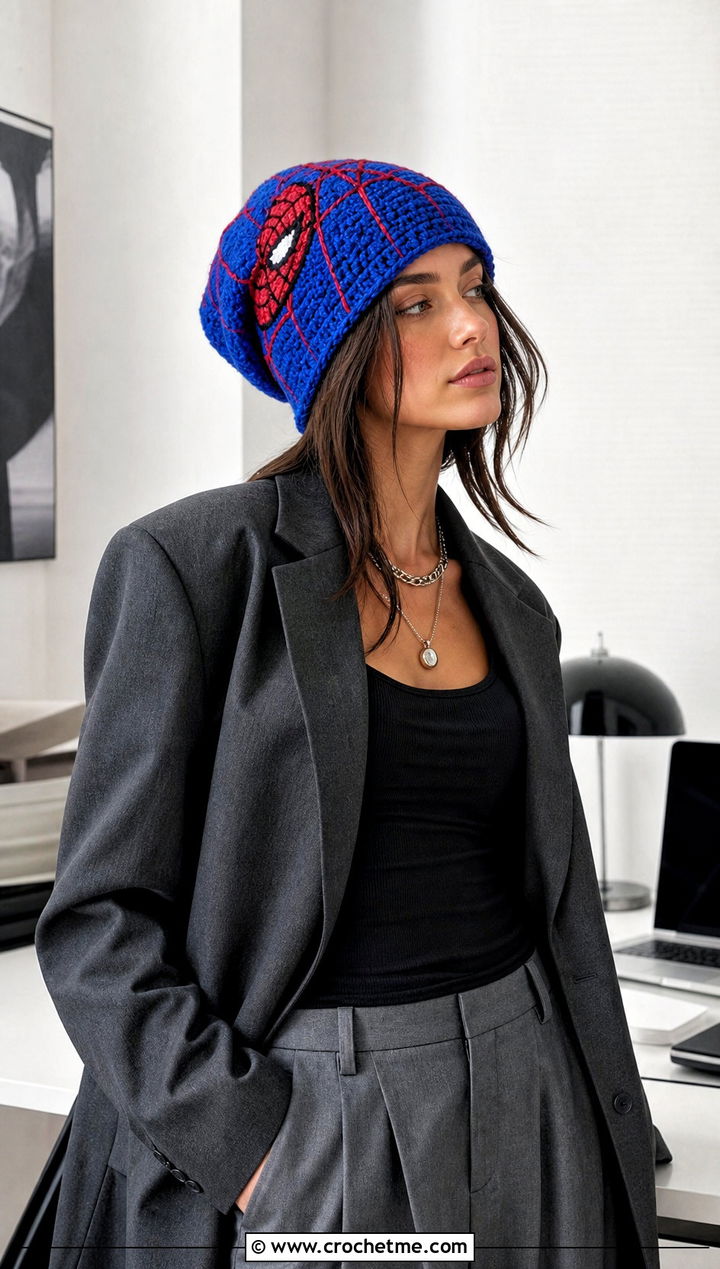 Spider Man Slouchy Crochet Beanie With Blazer - 25 spiderman crochet hat outfit ideas