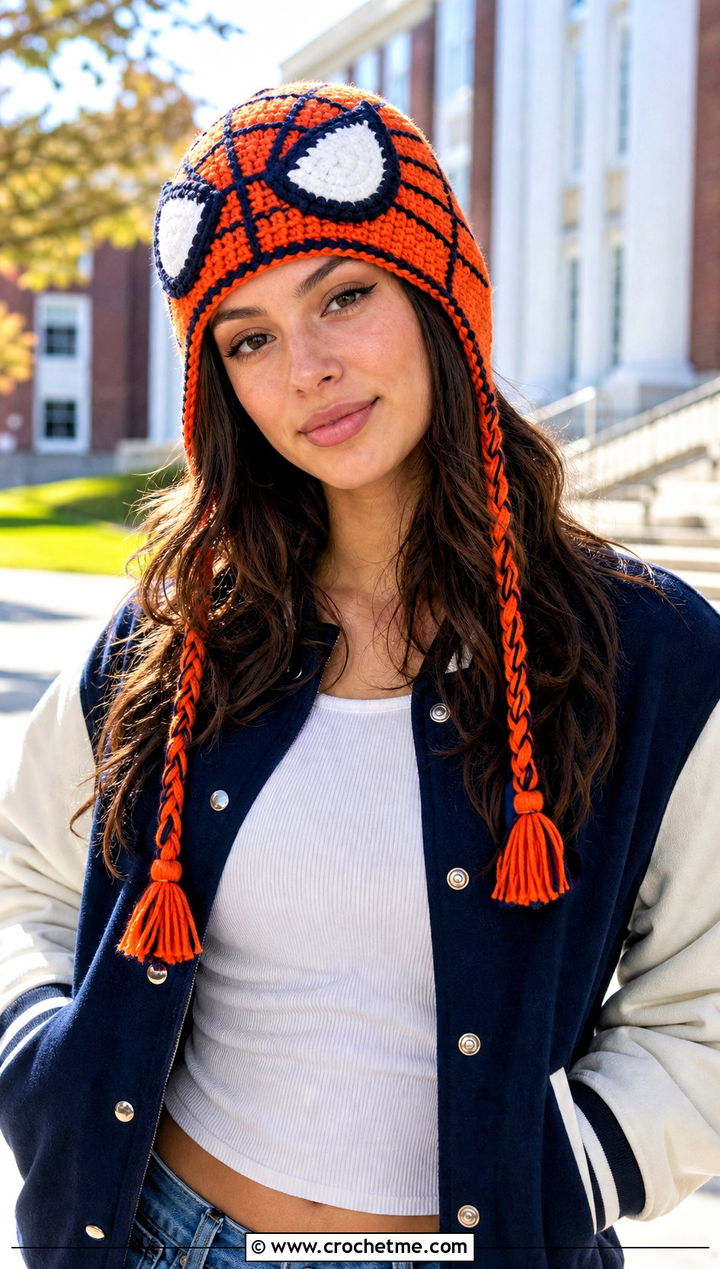Spider Man Tassel Crochet Hat With Varsity Jacket - 25 spiderman crochet hat outfit ideas