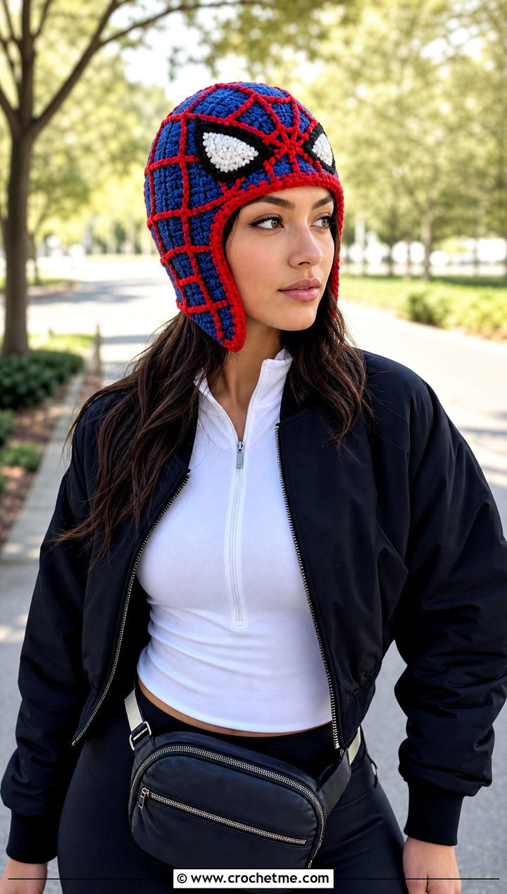 Spider Man Web Stitch Crochet Helmet Hat With Athleisure - 25 spiderman crochet hat outfit ideas