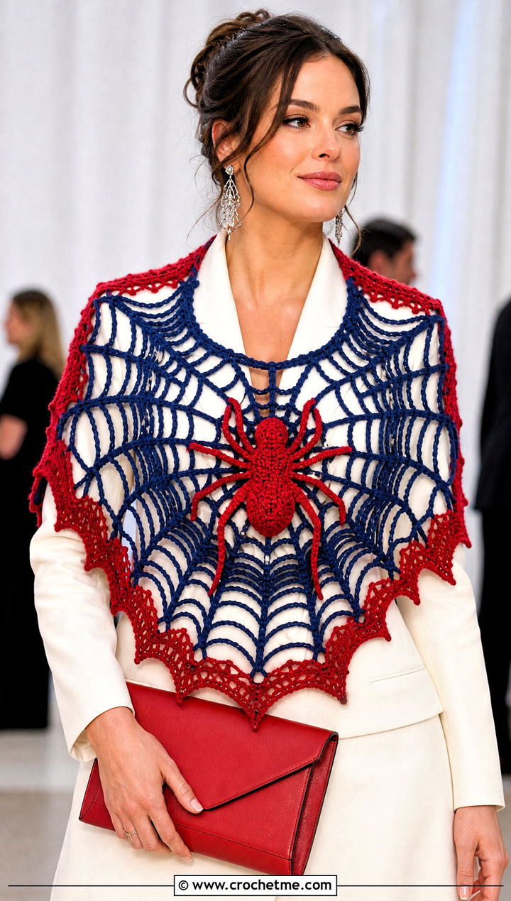 Spider Motif Crochet Spiderweb Shawl With Blazer Dress - 30 Crochet Spiderweb Shawl outfit ideas